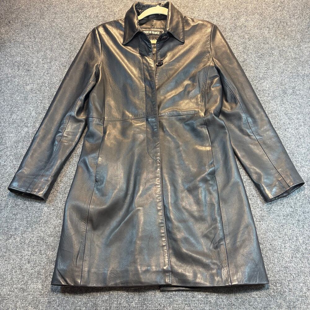 Vintage 90s DKS Paris Black Leather Car Coat Grunge Matrix Mid Length Trench